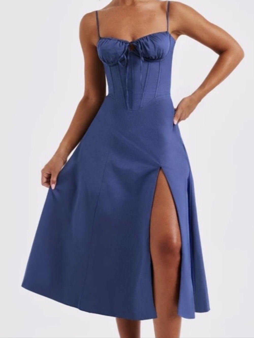 Sculpted Bust Blue Midi Dress with Thigh Slit